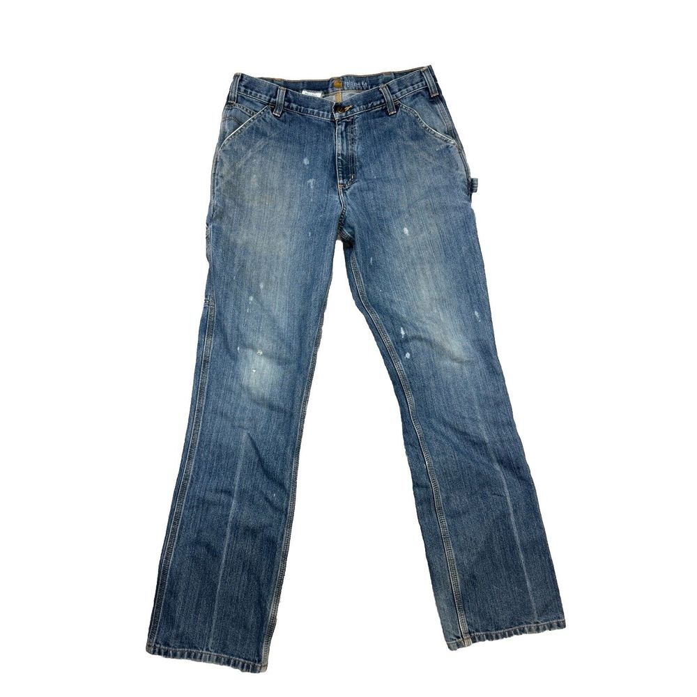 Carhartt Jeans Mens 34x34 Blue Medium Wash Relaxed Fit Straight Leg Distressed